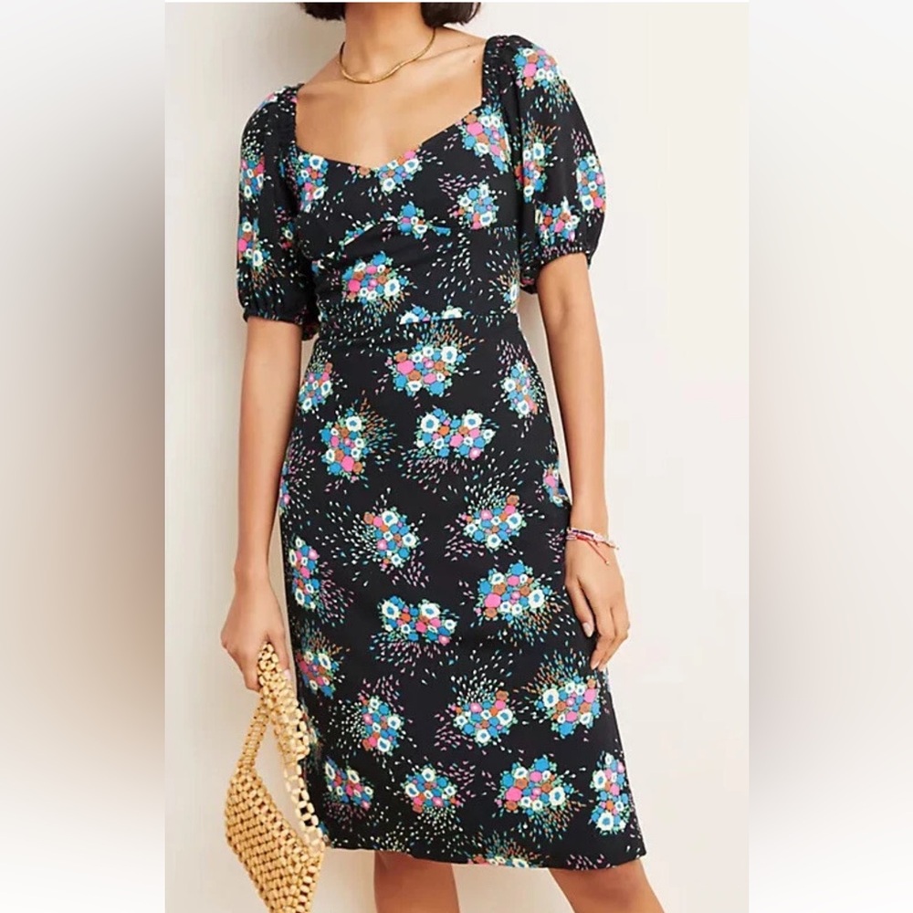Anthropologie Scarletta Sweetheart Puff Sleeve Black Multi Floral Dress